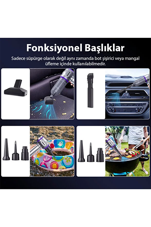 7800 mAh Güçlendirilmiş Pil 20000pa Güçlü Portatif Vakumlu Kablosuz Üflemeli Mini Araç Süpürgesi
